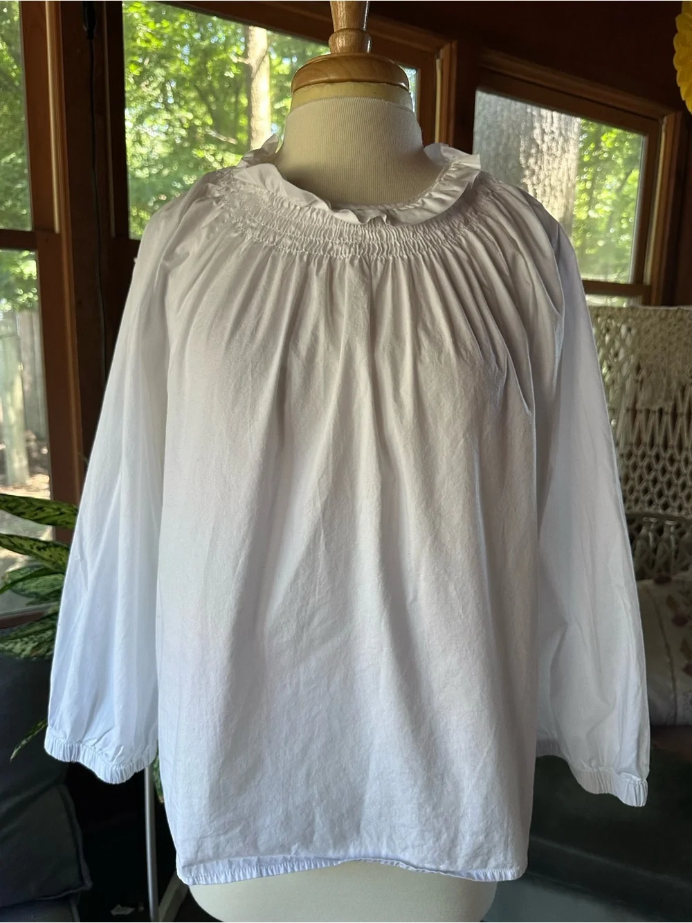 J. Crew White Ruffled Neck Blouse